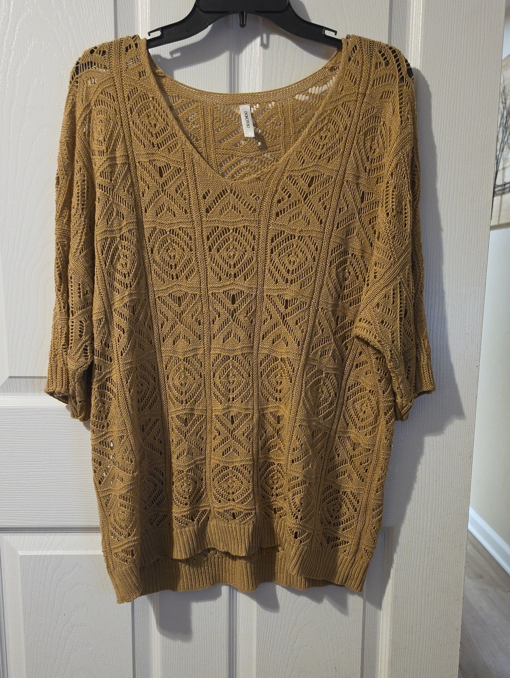 Open-Knit V-Neck Sweater in Tan